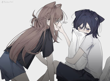 2girls anger_vein animal_ears black_shirt black_shorts blue_eyes blue_hair blue_shorts blush braid brown_hair cat_ears cheek_squash commentary grey_background half_up_braid hand_on_another&#039;s_face hashtag-only_commentary highres hugging_object kemonomimi_mode long_hair medium_hair miyagi_shiori multiple_girls pillow pillow_hug sasagawa_yuki sendai_hazuki shirt shorts shuuniichido_classmate_wo_kau_hanashi simple_background white_shirt yuri