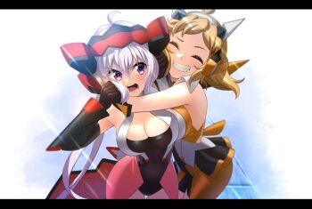 2girls ahoge black_gloves black_leotard blush breasts brown_hair cleavage closed_eyes covered_navel embarrassed gloves grey_hair grin hair_between_eyes headgear highres hug large_breasts leotard long_hair medium_hair multiple_girls nyanmaru open_mouth orange_leotard purple_eyes scene_reference senki_zesshou_symphogear smile tachibana_hibiki_(symphogear) vambraces yukine_chris