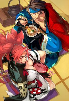 1boy 1girl amputee baiken big_hair black_hair black_kimono breasts brown_hair cleavage commentary_request eyepatch facial_tattoo fingerless_gloves glasses gloves guilty_gear guilty_gear_strive headband highres japanese_clothes kimono kujou_non large_breasts long_hair mito_anji multicolored_kimono muscular muscular_male one-eyed open_clothes open_kimono pink_hair ponytail red_eyes samurai scar scar_across_eye scar_on_face short_hair tattoo torn_sleeve