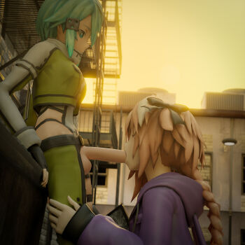 1boy 1futa 3d absurdres astolfo_(fate) braid closed_eyes crossover fate/apocrypha fate_(series) fellatio from_side futa_with_male futanari highres just_hopeless_baka large_penis long_hair looking_at_another looking_down medium_hair oral outdoors penis profile sinon sword_art_online testicles thigh_grab uncensored