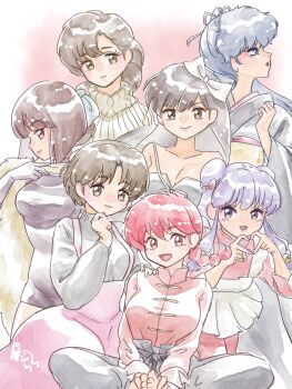 Rule 34 | 6+girls, :d, apron, bare shoulders, blue hair, bow, braid, breasts, brown eyes, brown hair, chinese clothes, cleavage, closed mouth, collarbone, commentary request, double bun, dress, feather boa, four-finger heart hands, gloves, grey dress, grey gloves, grey kimono, grey pants, hair bow, hair bun, hand on another's shoulder, heart, heart hands, highres, japanese clothes, kimono, kunou kodachi, kuonji ukyou, long hair, multiple girls, open mouth, pants, pink background, pink dress, purple eyes, purple hair, ranma-chan, ranma 1/2, red eyes, red hair, red lips, shampoo (ranma 1/2), short hair, siblings, side ponytail, single braid, sisters, smile, sweater, tendou akane, tendou kasumi, tendou nabiki, tsulala44 (oi thanks), turtleneck, turtleneck sweater, white apron, white bow, yellow sweater