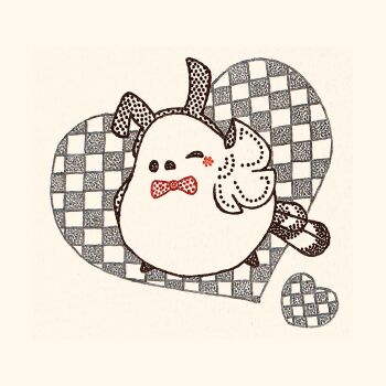 animal_ears animal_focus bird bow bowtie checkered_background fake_animal_ears full_body heart heart_background highres long-tailed_tit looking_at_viewer no_humans one_eye_closed original playboy_bunny rabbit_ears red_bow red_bowtie solo tit_(bird) traditional_media usagi_shigeko