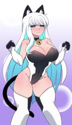 2girls animal_ears animated bare_shoulders begging blue_eyes blush bouncing_breasts breasts bubble bubble_background cat_bell cat_ears cleavage dancing game_console hair_ribbon humanization kneeling large_breasts leotard meme merryweather multiple_girls music personification playstation_5 ponytail product_girl ps5_chan ribbon sad_cat_dance_(meme) sidelocks thick_thighs thighhighs thighs video w_arms white_hair white_headwear wide_hips xbox_one xbox_one_(personification)