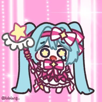 1girl blue_hair bow chibi chibi_only commentary_request double-parted_bangs dress full_body hair_bow hairband hatsune_miku highres holding holding_wand ima_sugu_rinne_(vocaloid) long_hair looking_at_viewer lulalang magical_girl open_mouth pink_background pink_bow pink_dress pink_hairband purple_eyes solo star-shaped_pupils star_(symbol) star_wand symbol-shaped_pupils twintails very_long_hair vocaloid wand