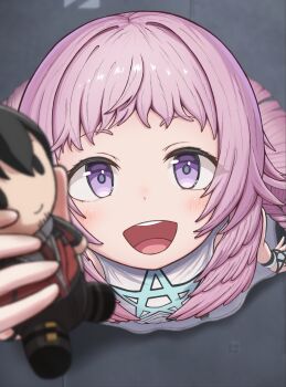 1girl :d absurdres bare_shoulders blush character_doll commander_(girls&#039;_frontline) doll dress excited from_above full_body girls&#039;_frontline girls&#039;_frontline_2:_exilium hand_up happy helena_(girls&#039;_frontline_2) highres long_hair looking_at_viewer looking_up open_mouth pink_hair purple_eyes smile solo teeth upper_teeth_only very_long_hair white_dress yuuji1189