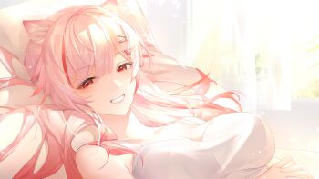 1girl absurdres animal_ear_fluff animal_ears artist_request breasts hair_ornament hairclip highres mia_skye multicolored_hair official_art pillow pink_hair red_eyes red_hair second-party_source smile snowbreak:_containment_zone solo streaked_hair upper_body