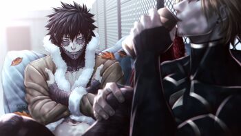 2boys absurdres black_hair blonde_hair boku_no_hero_academia burn_scar couch dabi_(boku_no_hero_academia) ear_piercing feathered_wings feathers hawks_(boku_no_hero_academia) highres long_sleeves looking_at_another male_focus multiple_boys navel on_couch piercing red_feathers red_wings saika076 scar scar_on_face short_hair sitting smile spiked_hair stapled teeth wings