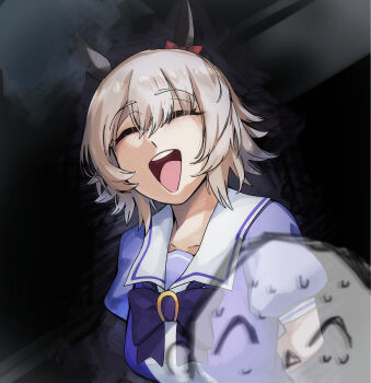 1boy 1girl animal_ears arms_behind_back blue_archive bow bowtie brown_hair collarbone commentary crossover curren_chan_(umamusume) doodle_sensei_(blue_archive) ear_bow ear_covers false_smile highres horse_ears horse_girl nervous_sweating open_mouth puffy_short_sleeves puffy_sleeves purple_bow purple_bowtie purple_shirt rakugosha_(straggler_house) red_bow sailor_collar school_uniform sensei_(blue_archive) shirt short_hair short_sleeves smile summer_uniform sweat teeth tracen_school_uniform umamusume upper_teeth_only white_sailor_collar