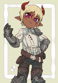 Rule 34 | 1girl, armor, belt, blonde hair, commentary request, dark skin, facial tattoo, gauntlets, heterochromia, highres, horns, mabo9317, monster girl, original, pink eyes, purple eyes, red horns, shirt, short hair, simple background, standing, tattoo, white shirt