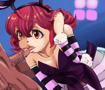 Rule 34 | 1girl, animal ears, cum, cum on body, facial, fellatio, hunter x hunter, oral, penis, pink hair, piyon, rabbit ears, short hair, skirt, star-jam, striped legwear, uncensored