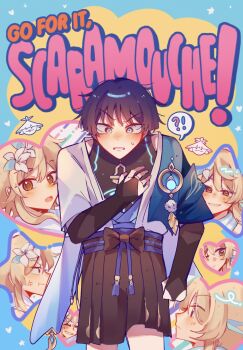!? 1boy 1girl :t alphastroo anger_vein aranara_(genshin_impact) arm_at_side belt black_belt black_bodysuit black_bow black_bridal_gauntlets black_hair black_shorts blonde_hair blue_cape blue_eyes blue_feathers blue_flower blue_gemstone blue_kimono blue_trim blunt_ends blush bodysuit bow bridal_gauntlets brown_eyes cape character_name cheek_bulge choppy_bangs clenched_hand closed_eyes closed_mouth english_text eyelashes feather_hair_ornament feathers flower furisode ganbare!_nakamura-kun!! gem genshin_impact glowing_gem glowing_markings gold gold_ring grin hair_between_eyes hair_flower hair_ornament hakama hakama_shorts hand_on_own_chest hand_up heart highres japanese_clothes juban kimono looking_at_viewer looking_past_viewer looking_to_the_side lumine_(genshin_impact) meme middle_ring multicolored_flower one_eye_closed open_clothes open_kimono parted_lips pleated_shorts pom_pom_(clothes) purple_rope purple_sash rope sash scaramouche_(genshin_impact) scarf short_hair short_hair_with_long_locks short_sleeves shorts shoulder_peek sidelocks sideways_mouth smile smirk spoken_interrobang tassel v-shaped_eyebrows vision_(genshin_impact) wanderer_(genshin_impact) white_flower white_kimono white_mouth white_scarf white_sleeves wide-eyed yellow_feathers