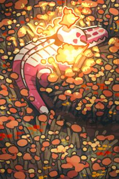 Rule 34 | crocodile, crocodilian, fangs, field, fire, fire bird (skeledirge), flower, flower field, highres, marigold, nintendo, no humans, petite echorizon, pokemon, pokemon (creature), skeledirge, skin fangs, solo