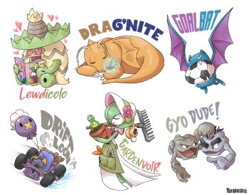 Rule 34 | alolan form, alolan geodude, artist name, ball, bat (animal), car, dragon, dragonite, drifloon, elcajarito, english text, gardevoir, gen 1 pokemon, gen 3 pokemon, gen 4 pokemon, gen 7 pokemon, geodude, golbat, heart, heart-shaped pupils, highres, ludicolo, magazine (object), motor vehicle, nintendo, no humans, nose bubble, plant, pokemon, pokemon (creature), potted plant, pun, race vehicle, racecar, rake, simple background, sleeping, soccer ball, symbol-shaped pupils, white background