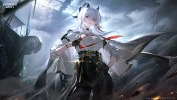 1girl absurdres arm_pouch armband black_armband black_choker black_gloves black_horns black_pants breasts button_gap chest_harness chinese_text choker chromatic_aberration clothes_grab collared_shirt commentary curled_horns earrings english_commentary gloves hand_on_own_hip harness high-waist_pants highres horns jewelry key key_earrings key_necklace large_breasts logo long_hair looking_at_viewer multicolored_hair necklace necktie necktie_grab neckwear_grab official_art pants parted_lips pouch red_eyes red_necktie shirt shirt_tucked_in solo streaked_hair tight_clothes tight_pants white_shirt wuthering_waves zani_(wuthering_waves)