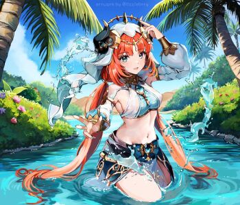 1girl :d aqua_eyes arm_up blue_gem blue_nails blue_sky blush bracer breasts brooch bush circlet cloud commentary_request cowboy_shot day detached_sleeves flower gem genshin_impact gold_trim highres horns jewelry lake lizziebtty long_hair long_sleeves looking_at_viewer low_twintails medium_breasts nail_polish navel neck_ring nilou_(genshin_impact) open_hand open_mouth outdoors palm_tree parted_bangs pelvic_curtain pond puffy_long_sleeves puffy_sleeves reaching reaching_towards_viewer red_hair sand shore sidelocks skirt sky smile solo splashing stomach thighs tree tropical twintails twitter_username veil very_long_hair vision_(genshin_impact) wading water wet