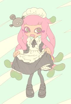 1girl absurdres alternate_costume apron black_bow black_dress black_pantyhose black_shoes blue_background bow clothes_lift clownfish colored_eyelashes commentary_request dress drooling enmaided fish floating floating_object frilled_apron frilled_dress frills full_body gradient_hair green_hair harmony_(splatoon) highres knees_together_feet_apart looking_to_the_side maid maid_apron maid_headdress mary_janes mouth_drool multicolored_hair nintendo no_eyebrows pale_colors pantyhose pink_hair puffy_sleeves purple_pupils sea_anemone shoes skirt skirt_lift splatoon_(series) splatoon_3 subegani tentacle_hair waist_apron white_apron wrist_cuffs