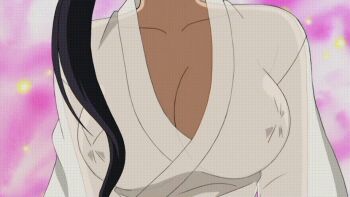 1girl amaenaideyo!! amanogawa_miyako animated animated_gif black_hair blush breasts brown_eyes cleavage close-up covered_erect_nipples japanese_clothes kimono large_breasts long_hair mature_female see-through_clothes solo