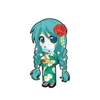 Rule 34 | 1girl, aqua eyes, aqua hair, black outline, blush, braid, chibi, chibi only, covering own mouth, floral print, floral print kimono, flower, full body, game asset, green kimono, hair flower, hair ornament, hair tie, hand fan, hatsune miku, hatsune miku graphy collection, japanese clothes, kimono, long hair, long sleeves, looking at viewer, low twin braids, obi, obidome, obijime, outline, paper fan, pointing, print kimono, raised inner eyebrows, sandals, sash, shy, solo, standing, tabi, transparent background, twin braids, uchiwa, very long hair, vocaloid, yukata, zouri