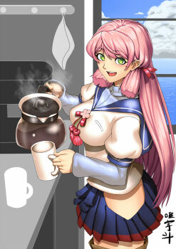 10s 1girl akashi_(kancolle) blue_skirt breasts clothing_cutout coffee coffee_mug coffee_pot cup female_focus green_eyes hair_ribbon highres hip_vent kantai_collection long_hair long_sleeves looking_at_viewer mug open_mouth pink_hair pleated_skirt ribbon school_uniform serafuku skirt smile solo steam thighhighs tress_ribbon twintails yui_sora