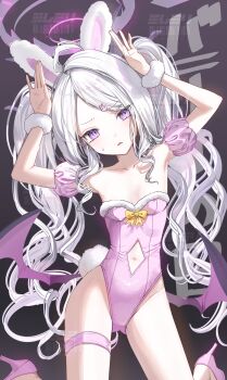 1girl ahoge alternate_costume alternate_hairstyle animal_ears arms_up black_background black_horns blue_archive blush bow breasts clothing_cutout commentary_request demon_girl demon_horns demon_wings diamond_cutout dot_nose fake_animal_ears fake_tail furrowed_brow groin hair_ornament hair_over_shoulder hairclip halo highleg highleg_leotard highres hina_(blue_archive) horns leotard loli long_hair looking_at_viewer multiple_horns navel navel_cutout oomabiblogo2 open_mouth pink_halo pink_leotard pink_shoes purple_eyes rabbit_ears rabbit_hair_ornament rabbit_pose rabbit_tail shoes small_breasts solo standing strapless strapless_leotard sweatdrop tail thigh_strap thighs tilted_head twintails very_long_hair white_hair wings yellow_bow