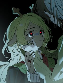 1girl 1other animal_ears antlers black_background bleeding blonde_hair blood checkered_sweater_vest crying crying_with_eyes_open deer_antlers deer_ears deer_girl deer_tail deltarune furry furry_female hands_on_another's_arms heart heart-shaped_pupils highres horns kris_(deltarune) looking_at_another noelle_holiday palme310 reindeer_girl simple_background sweat symbol-shaped_pupils tail tears thorn_ring_(deltarune) utdr_(toby_fox)