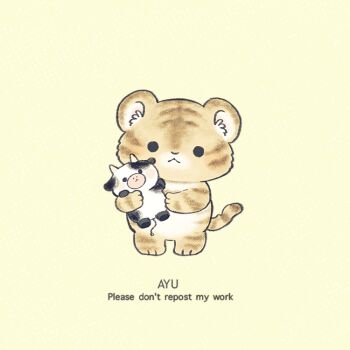Rule 34 | :<, animal, animal focus, artist name, ayu (mog), closed mouth, commentary, commentary request, cow, english commentary, holding, holding animal, looking at viewer, mixed-language commentary, no humans, original, romaji commentary, simple background, solid circle eyes, tiger, watermark, yellow background