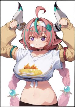 Rule 34 | 1girl, absurdres, ahoge, animal ears, aqua hair, bell, bell earrings, braid, breasts, cow ears, cow girl, cow horns, detached sleeves, earrings, genshin impact, hairband, highres, horns, jewelry, kei (soundcross), large breasts, long hair, looking at viewer, low twin braids, midriff, multicolored hair, navel, pink hair, purple eyes, shirt, short sleeves, smile, solo, streaked hair, twin braids, varesa (genshin impact), white shirt