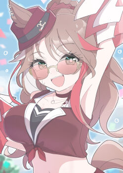 1girl absurdres animal_ears armpits arnolddayo breasts brown_hair bubble cheerleader choker collarbone commentary_request crop_top ears_through_headwear fang fedora forever_young_(umamusume) green_eyes hair_ornament hair_scrunchie hat highres holding holding_pom_poms horse_ears horse_girl jewelry large_breasts long_hair looking_at_viewer midriff multicolored_hair navel necklace open_mouth pom_pom_(cheerleading) pom_poms red-tinted_eyewear red_choker red_shirt red_streaks scrunchie shirt smile solo streaked_hair sunglasses sweat teeth tied_shirt tinted_eyewear umamusume upper_teeth_only white_streaks