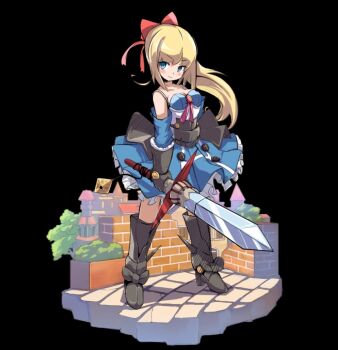 1girl aqua_eyes bare_shoulders black_background blonde_hair blue_dress blush boots bow breasts brick_floor brick_wall building cleavage closed_mouth collarbone dress erica_(merc_storia) full_body gloves grey_boots grey_gloves hair_bow highres holding holding_sword holding_weapon long_hair medium_breasts merc_storia merc_storia_art_team official_art ponytail red_bow sidelocks simple_background solo standing strapless strapless_dress sword tachi-e underbust v-shaped_eyebrows weapon