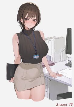 1girl :d artist_name black_sweater breasts brown_eyes brown_hair brown_skirt clipboard commentary_request highres holding holding_clipboard id_card lanyard large_breasts looking_at_viewer mole mole_under_eye monitor multiple_views open_mouth original pencil_skirt saeki_misaki simple_background skirt sleeveless sleeveless_sweater smile sooon standing sweater thighs twitter_username watermark white_background