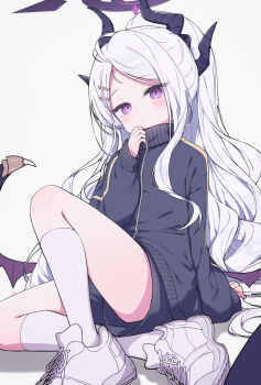 1girl ahoge alternate_costume black_halo black_horns black_jacket black_shorts blue_archive blush breasts closed_mouth commentary_request demon_girl demon_horns demon_wings dot_mouth dot_nose gym_uniform hair_ornament hairclip halo hand_up highres hina_(blue_archive) horns jacket knee_up long_hair long_sleeves looking_at_viewer low_wings multiple_horns on_floor parted_bangs purple_eyes shoelaces shoes shorts sidelocks simple_background sitting sleeves_past_wrists small_breasts socks solo thighs topia track_jacket very_long_hair white_background white_hair white_shoes white_socks wings