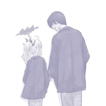 1boy 1girl ahoge alternate_costume blue_archive couple cowboy_shot demon_girl demon_horns from_behind halo height_difference hetero highres hina_(blue_archive) holding_hands horns monochrome simple_background sketch takahisayuki white_background