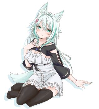 1girl absurdres animal_ear_fluff animal_ears aqua_eyes aqua_hair arm_support asagi501 black_ribbon black_shrug black_thighhighs blue_gem breasts character_request cleavage collarbone commentary_request crystal_necklace double-parted_bangs dress drop_shadow flower fox_ears fox_girl fox_tail frilled_dress frills full_body gem hair_between_eyes hair_flower hair_intakes hair_ornament hand_on_own_chest highres long_hair long_sleeves looking_at_viewer medium_breasts multicolored_hair no_shoes original pink_flower ribbon short_dress shrug_(clothing) simple_background sitting sleeveless sleeveless_dress solo tail thighhighs two-tone_hair underbust vrchat white_background white_dress white_hair yokozuwari zettai_ryouiki