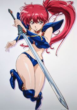 1girl armor armored_boots asagiri_youko bikini_armor blue_armor boots choker commentary_request earrings full_body gem genmu_senki_leda gold_choker grey_background hand_up high_side_ponytail highres holding holding_sword holding_weapon jewelry long_hair looking_at_viewer parted_lips red_eyes red_gemstone red_hair shoulder_armor side_ponytail simple_background smash_k-tarou solo sword thighs vambraces weapon