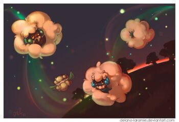 border cottonee creature delano-laramie floating full_body gen_5_pokemon nintendo no_humans pokemon pokemon_(creature) tree whimsicott white_border wind yellow_eyes