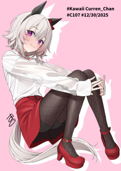 1girl absurdres animal_ears ankle_strap black_pantyhose black_shorts blush bow breasts commentary_request curren_chan_(casual)_(umamusume) curren_chan_(umamusume) ear_bow ear_covers fishnet_pantyhose fishnets grey_hair hair_between_eyes heart heart_necklace high_heels highres horse_ears horse_girl horse_tail jewelry kawai_ritsu_(rits_meg) long_sleeves looking_at_viewer miniskirt necklace pantyhose pantyhose_under_shorts pumps purple_eyes red_bow red_shoes red_skirt shirt shoes short_hair short_shorts shorts shorts_under_skirt simple_background single_ear_cover skirt smile solo sweater tail umamusume upskirt white_sweater