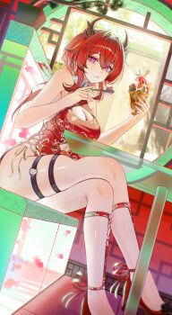Rule 34 | 1girl, absurdres, alternate costume, arch a4, arknights, arknights: endfield, breasts, china dress, chinese clothes, cleavage cutout, clothing cutout, commentary, crossed legs, demon girl, demon horns, dress, food, hair intakes, high heels, highres, holding, holding food, holding ice cream, holding spoon, horns, ice cream, laevatain (arknights), large breasts, long hair, purple eyes, red dress, red hair, skindentation, solo, spoon, surtr (arknights), thigh strap, thighs