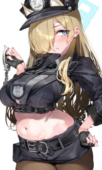 1girl absurdres alternate_costume animal_ears belt black_hair blonde_hair blue_archive blue_halo chest_belt crop_top cuffs dog_ears dog_girl extra_ears fingerless_gloves gloves hair_over_one_eye halo handcuffs hat highres kanna_(blue_archive) long_hair lumium navel necktie peaked_cap pencil_skirt police police_hat police_uniform policewoman short_necktie skirt solo white_background
