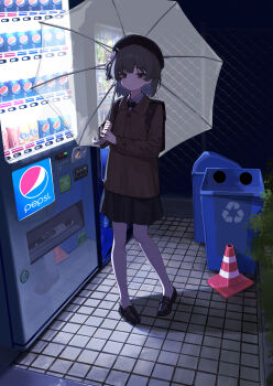 1girl :/ absurdres backpack bag beret black_bag black_bow black_bowtie black_hat black_shoes black_skirt bow bowtie brown_coat brown_eyes brown_hair closed_mouth coat collared_shirt commentary_request flower full_body hair_flower hair_ornament hair_rings hat hatoba_tsugu highres holding holding_umbrella loafers long_sleeves looking_at_viewer medium_hair outdoors pantyhose pepsi rose shirt shoes single_hair_ring skirt solo standing traffic_cone transparent transparent_umbrella trash_can tsugu_(vtuber) umbrella umbrella_over_shoulder vending_machine virtual_youtuber white_flower white_pantyhose white_rose white_shirt yuk1_(nonon_yukiii)