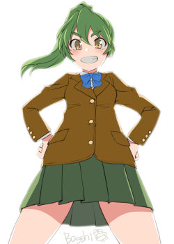 1girl aihara_ai bosshi female_focus futabu green_hair grin highres long_hair looking_at_viewer ponytail school_uniform simple_background skirt smile solo standing yellow_eyes