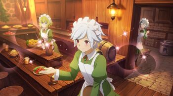 1boy 2girls alcohol anime_coloring apron barrel beer beer_mug bell_cranel black_pantyhose blue_eyes blush boots bowl breasts brick_floor brown_boots closed_eyes closed_mouth collared_dress counter crossdressing crossdressing_(mtf) cup danmachi_battle_chronicle dress drinking_glass dungeon_ni_deai_wo_motomeru_no_wa_machigatteiru_darou_ka elf food fork game_cg green_dress green_hair grey_hair highres holding holding_bowl holding_tray indoors juliet_sleeves lamp long_sleeves looking_at_another maid_headdress mug multiple_girls neck_ribbon non-web_source noodles official_alternate_costume official_art orange_ribbon pantyhose pointy_ears puffy_sleeves red_eyes ribbon ryu_lion short_hair small_breasts smile syr_flover tavern tray waitress white_apron white_hair white_headdress wooden_bowl wooden_floor