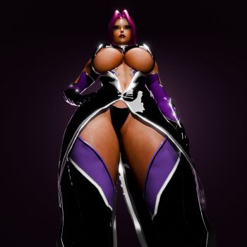 1girl 3d blender_(medium) breasts dark-skinned_female dark_skin from_below highres ingrid_(taimanin_asagi) large_breasts lipstick long_hair makeup solo taimanin_(series) taimanin_murasaki