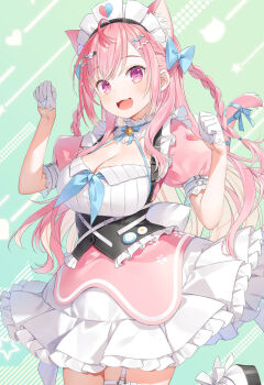 1girl bow braid breasts cat_girl cat_tail cleavage cowboy_shot dress gloves hair_bow half_gloves hands_up highres indie_virtual_youtuber large_breasts long_hair looking_at_viewer maid open_mouth pink_hair puffy_short_sleeves puffy_sleeves purple_eyes shoes short_sleeves smile solo standing standing_on_one_leg tail tail_bow tail_ornament thigh_strap twin_braids virtual_youtuber white_gloves white_shoes yuuki_hagure yuuki_sakuna