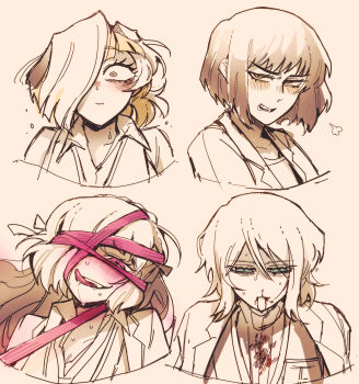 Rule 34 | 4girls, blood, blue eyes, blush, bow, brown theme, coat, coat on shoulders, dongbaek (project moon), e.g.o (project moon), faust (project moon), hair bow, heart, heart-shaped pupils, highres, ishmael (project moon), kromer (project moon), limbus company, monochrome, multiple girls, necktie, nosebleed, open clothes, open shirt, parted lips, pink shoes (project moon), ponytail, portrait, project moon, roseate desire (e.g.o), short ponytail, simple background, smile, spot color, surumenabe, sweat, sweater, symbol-shaped pupils, tongue, tongue out, vest