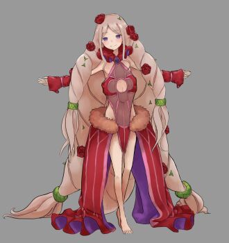 1girl absurdly_long_hair absurdres aged_down anna_sprengel armpits bare_legs barefoot big_hair black_leotard breasts child cleavage closed_mouth clothing_cutout crossed_ankles detached_sleeves dress dress_flower flower frills full_body grey_background hair_flower hair_ornament highres leotard long_hair looking_at_viewer multicolored_leotard navel navel_cutout outstretched_arms pelvic_curtain pink_eyes pink_hair purple_dress purple_eyes red_flower red_leotard red_rose rose simple_background smile solo spread_arms standing tatararashi toaru_majutsu_no_index toaru_majutsu_no_index:_new_testament very_long_hair waist_cape