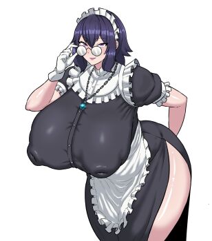 1girl absurdres apron areolae_visible_through_clothing arm_behind_back black_dress breasts collar commission corinna21210534 dress frilled_apron frilled_collar frilled_hairband frills glasses gloves hairband highres huge_breasts inverted_nipples jewelry long_dress maid maid_apron maid_headdress necklace opaque_glasses original pink_eyes pink_lips purple_hair round_eyewear short_hair solo standing tight_clothes tight_dress white_apron white_background white_collar white_gloves white_hairband
