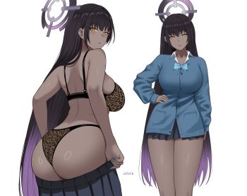 1girl absurdres animal_print artist_name ass black_bra black_hair black_panties blue_archive blue_bow blue_bowtie blue_shirt blue_skirt bow bowtie bra breasts closed_mouth collar commentary cowboy_shot english_commentary from_behind gradient_hair halo hand_on_own_hip highres karin_(blue_archive) large_breasts lazier leopard_print light_blush light_frown long_hair long_sleeves looking_at_viewer looking_back miniskirt multicolored_hair multiple_views panties pleated_skirt purple_hair ring_light_reflection school_uniform shirt sideboob simple_background skirt sleeves_past_wrists turning_head underwear undressing very_long_hair white_background white_collar yellow_bra yellow_eyes yellow_panties