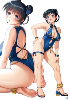 1girl absurdres arato_nagi ass black_hair blue_eyes blue_leotard blue_nails braid braided_hair_rings breasts capcom chun-li chun-li_(cosplay) commentary_request cosplay double_bun earrings finalcake flower hair_bun hair_flower hair_ornament hair_rings high_heel_sandals highleg highleg_leotard highres jewelry large_breasts leotard nail_polish ruri_no_houseki sandals street_fighter street_fighter_6 thigh_strap toenail_polish toenails
