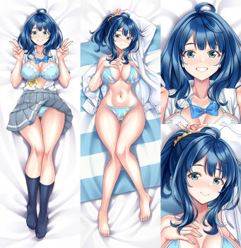 1girl ahoge barefoot beach_towel bikini black_socks blue_bikini blue_bow blue_bowtie blue_bra blue_eyes blue_hair blue_panties bow bowtie bra breasts closed_mouth clothes_lift commentary_request cuddly_octopus dakimakura_(medium) double_v full_body grey_skirt grin hand_on_own_chest highres jacket large_breasts looking_at_viewer lying make_heroine_ga_oo_sugiru! medium_hair multiple_views navel on_back open_clothes open_jacket open_shirt panties pleated_skirt school_uniform shirt side-tie_bikini_bottom skirt skirt_lift smile socks suzu_miya swimsuit towel tsuwabuki_high_school_uniform underwear v white_jacket white_shirt yanami_anna yellow_bow yellow_bowtie