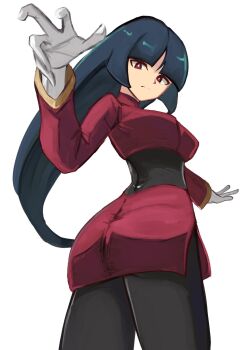 1girl ass blue_hair blunt_bangs bodysuit bodysuit_under_clothes breasts cropped_jacket from_below gloves highres jacket long_hair long_sleeves medium_breasts miniskirt nintendo pencil_skirt pokemon pokemon_frlg red_eyes red_jacket red_skirt sabrina_(pokemon) side_slit skirt solo straight_hair tikuwabu_33 turtleneck turtleneck_jacket white_gloves